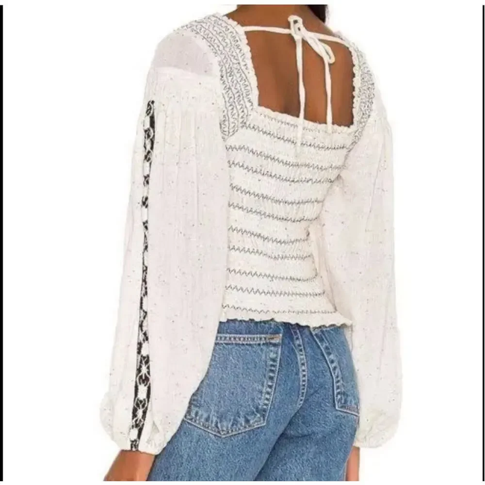 Free People Maggie Medium Embroidered Top Square Neck Smocked Puff Sleeves Ivory